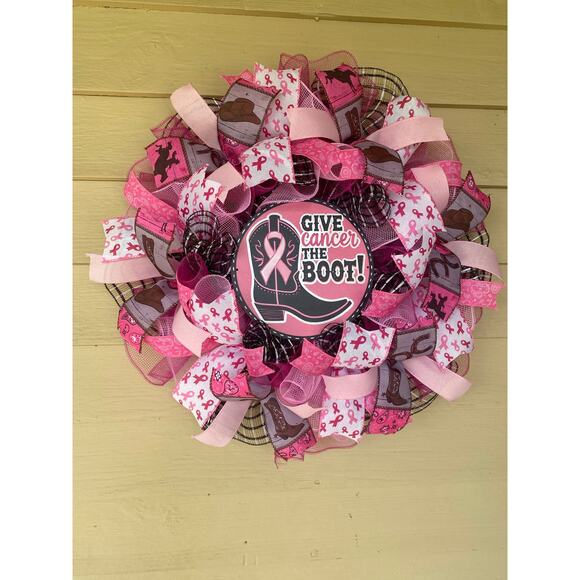 “Give Cancer the Boot” Wreath Kit – Ribbon + Sign for Breast Cancer Awareness - Picture 1 of 7